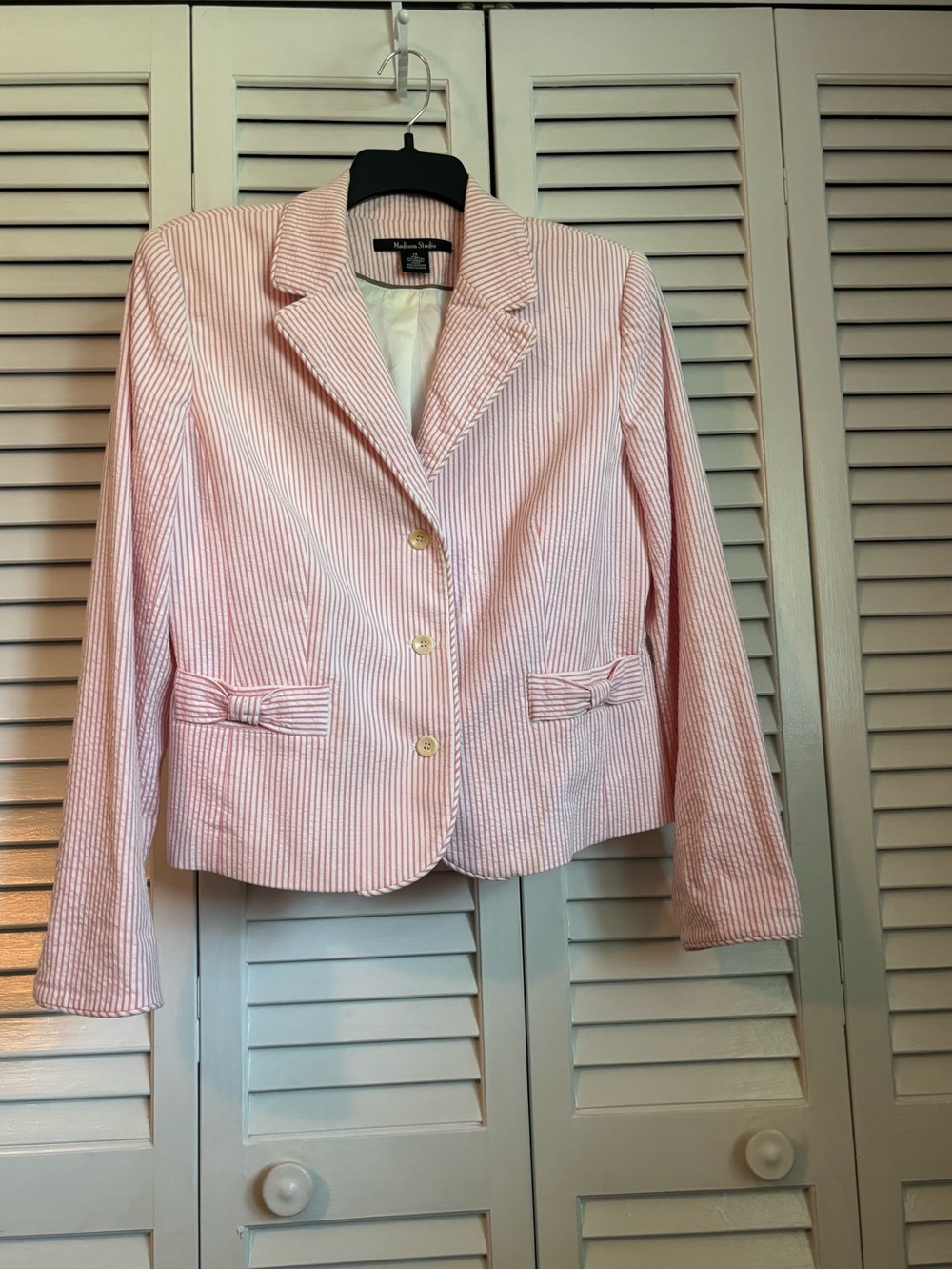 Madison Studio Classic Pink Striped Seersucker Blazer with Bow Detail